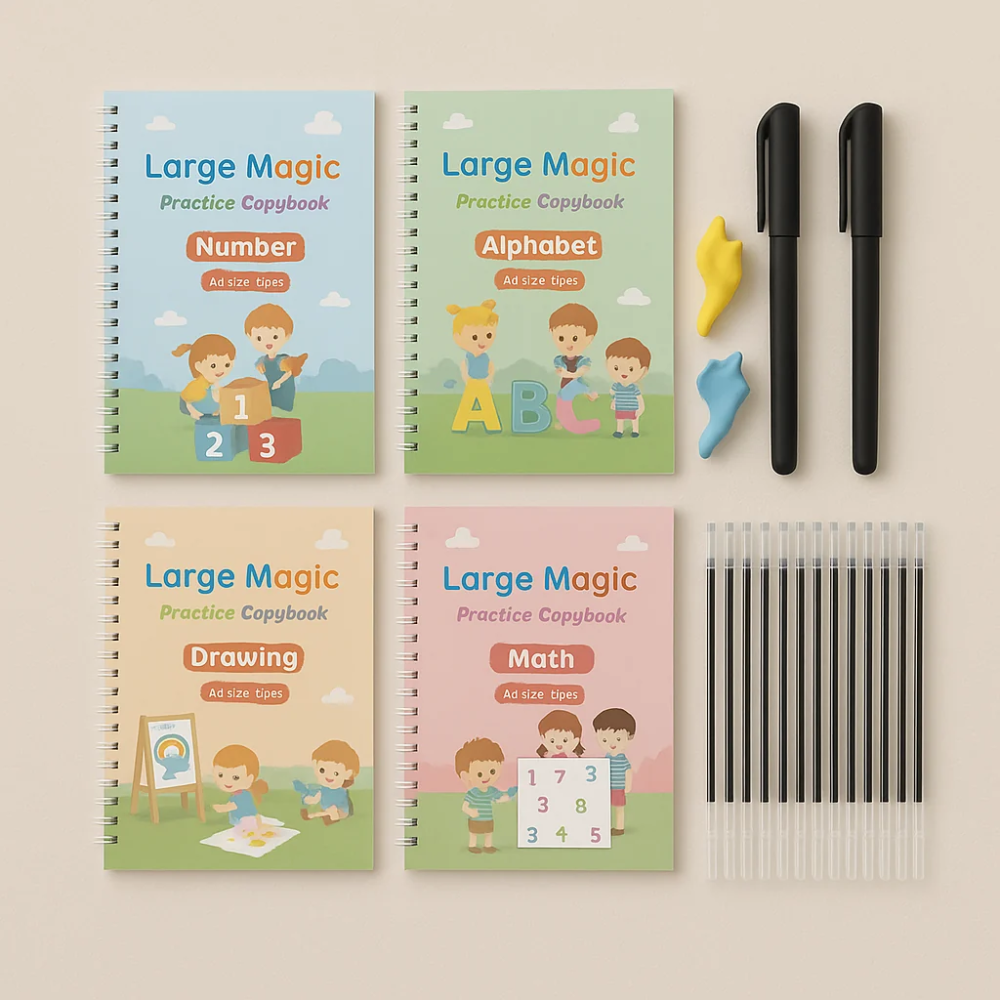 Kids Handwriting Practice Book Set – 4 Educational Tracing Workbooks with Pens