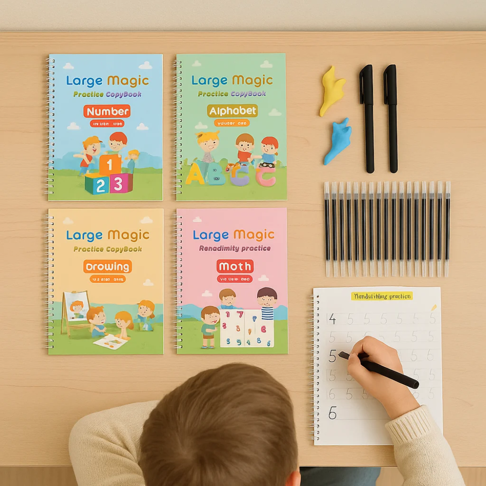 Kids Handwriting Practice Book Set – 4 Educational Tracing Workbooks with Pens