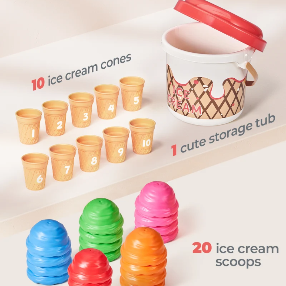 Kids Ice Cream Counting and Color Sorting Toy – 30-Piece Number Matching and Stacking Set