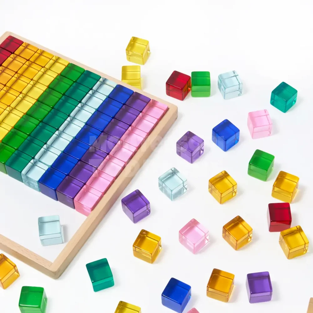 Kids Light Catching Cubes – 100-Piece Transparent Acrylic Building Blocks with Wooden Storage Tray