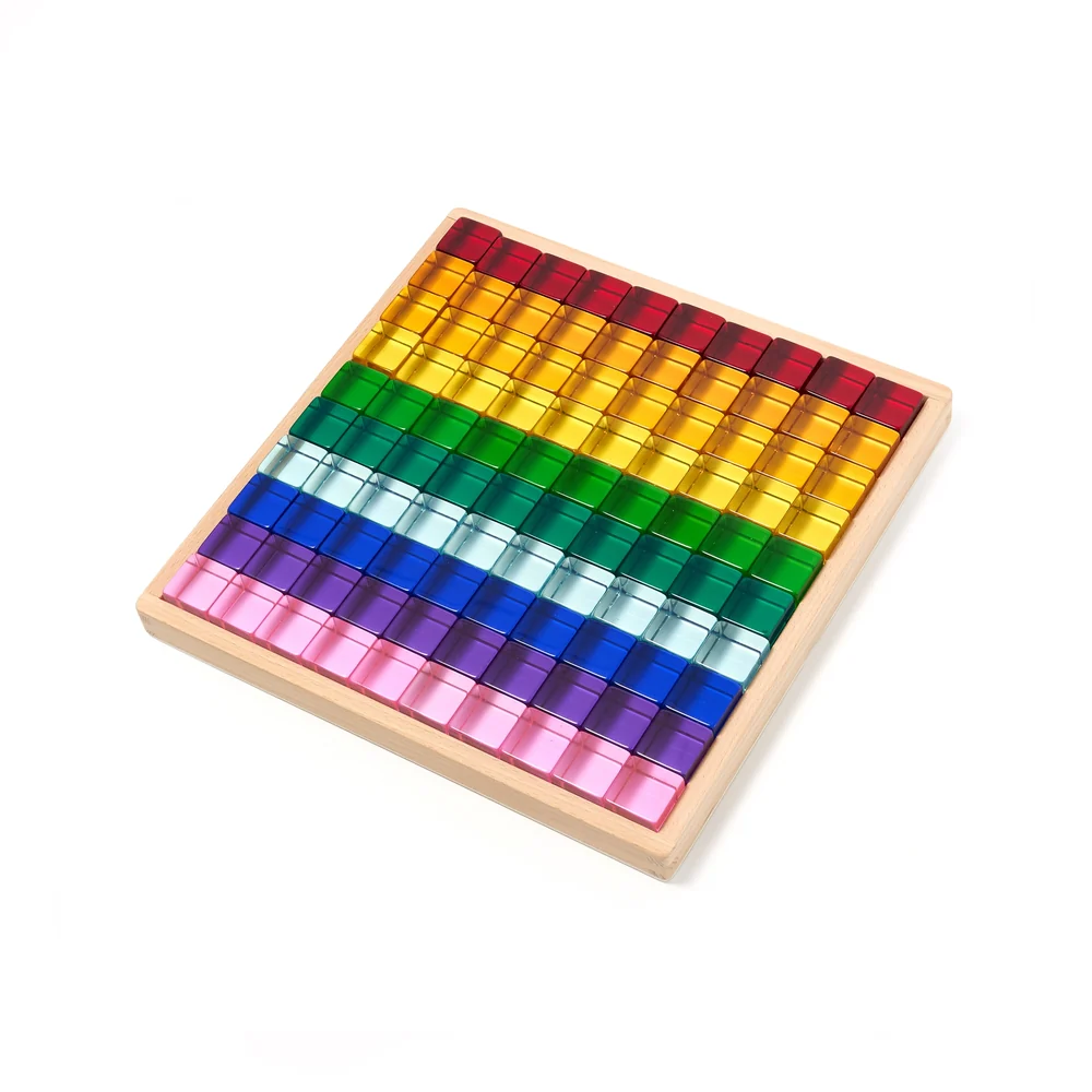 Kids Light Catching Cubes – 100-Piece Transparent Acrylic Building Blocks with Wooden Storage Tray