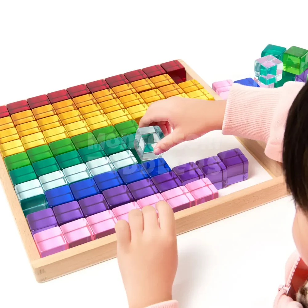 Kids Light Catching Cubes – 100-Piece Transparent Acrylic Building Blocks with Wooden Storage Tray