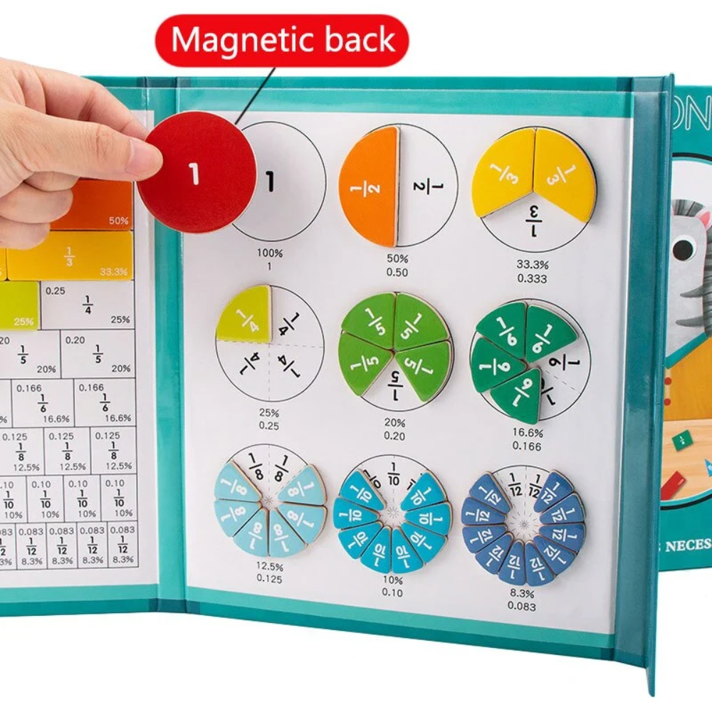 Kids Magnetic Fractions Learning Book – Educational Math Activity Set with 102 Magnetic Pieces