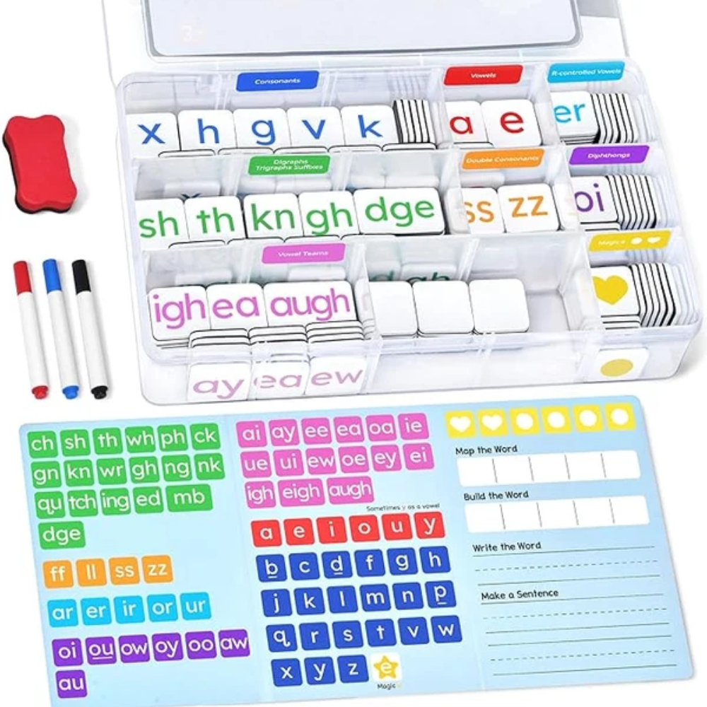 Kids Magnetic Phonics Letter Tiles – 265-Piece Alphabet and Word Building Set with Writing Folder