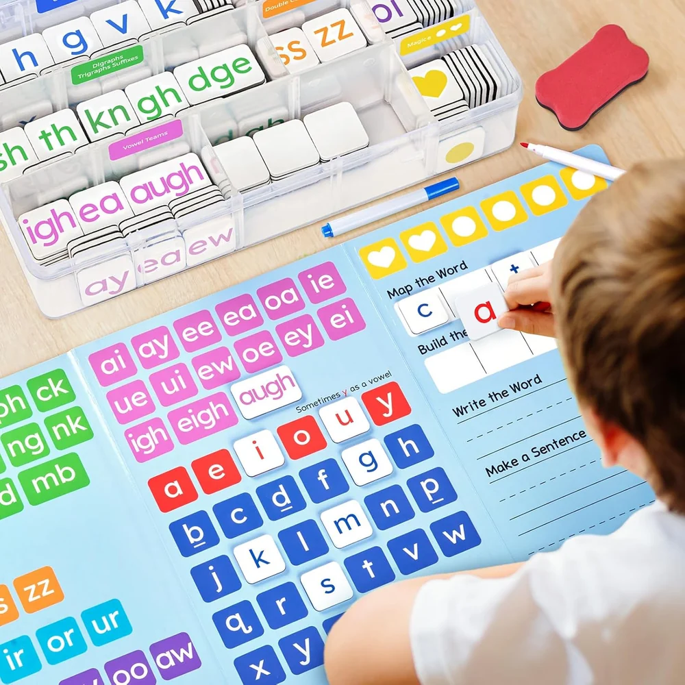 Kids Magnetic Phonics Letter Tiles – 265-Piece Alphabet and Word Building Set with Writing Folder