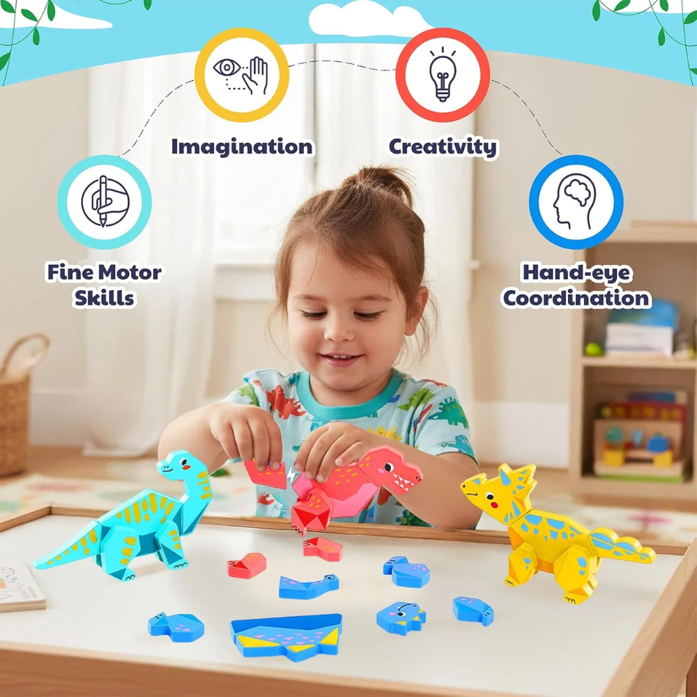 Kids Magnetic Wooden Dinosaur Building Set – 28-Piece Mix and Match Dinosaur Toy