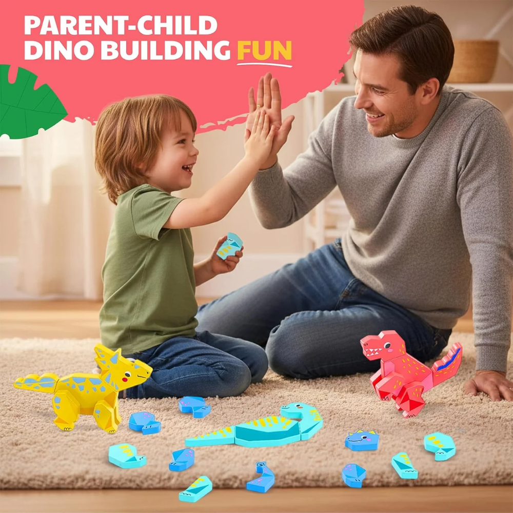 Kids Magnetic Wooden Dinosaur Building Set – 28-Piece Mix and Match Dinosaur Toy