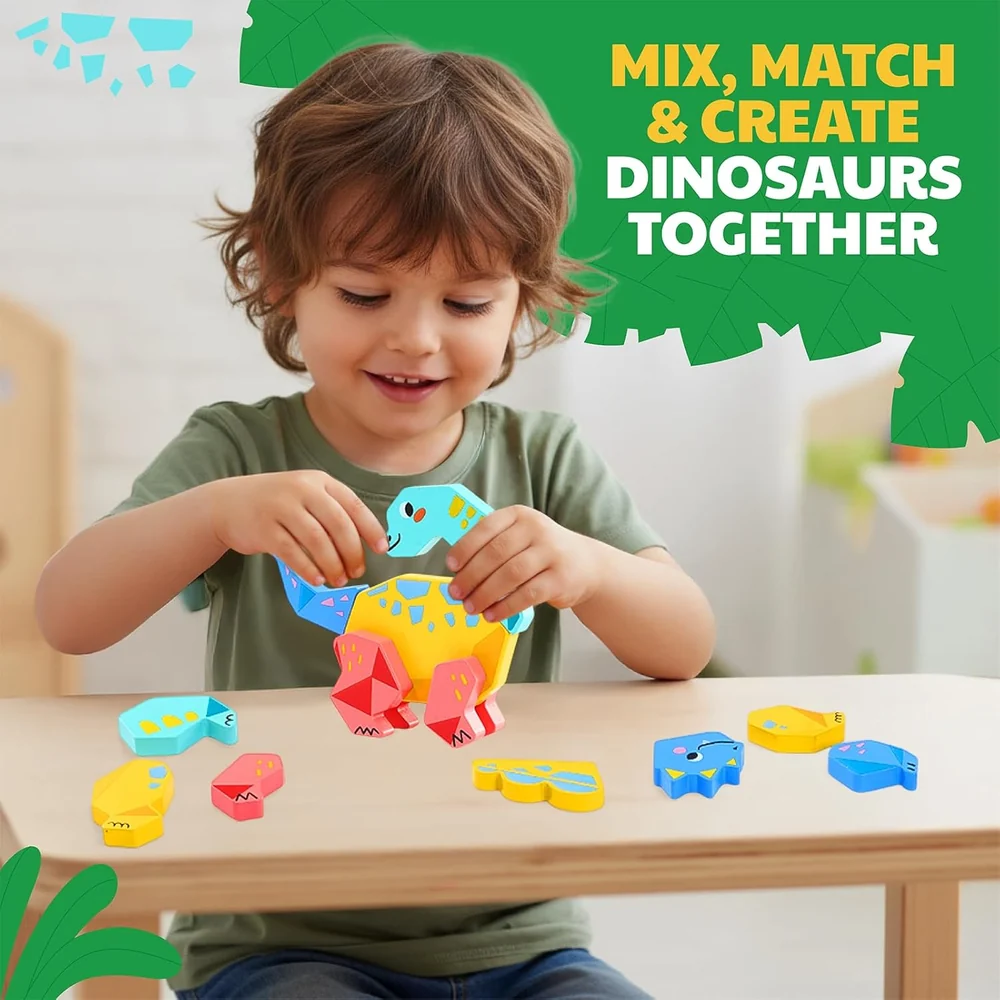 Kids Magnetic Wooden Dinosaur Building Set – 28-Piece Mix and Match Dinosaur Toy