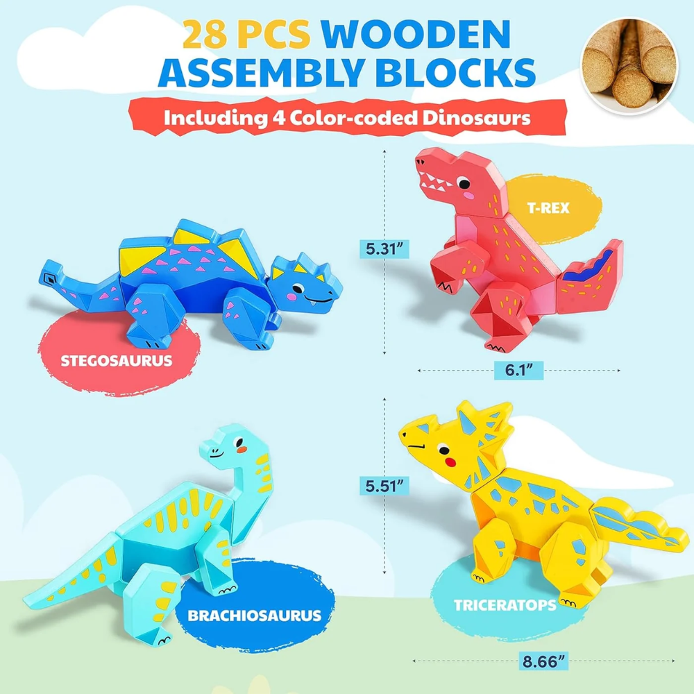 Kids Magnetic Wooden Dinosaur Building Set – 28-Piece Mix and Match Dinosaur Toy