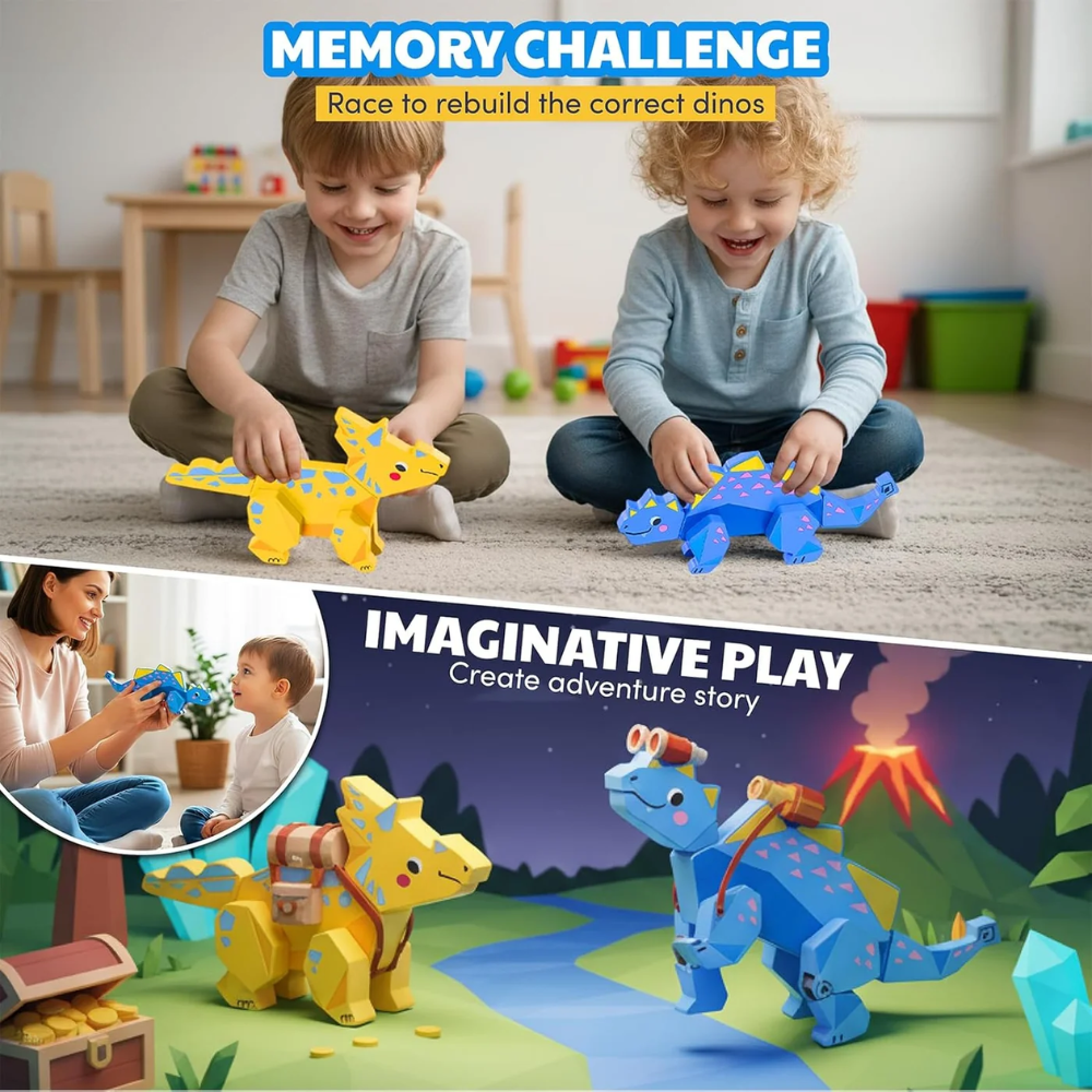 Kids Magnetic Wooden Dinosaur Building Set – 28-Piece Mix and Match Dinosaur Toy