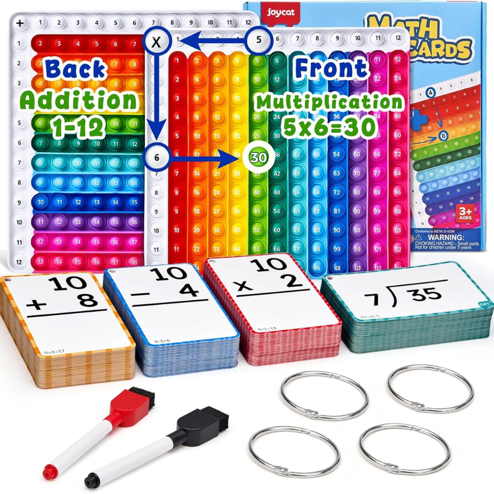 Kids Math Flash Cards Set – 288 Reusable Cards with Double-Sided Multiplication and Addition Board