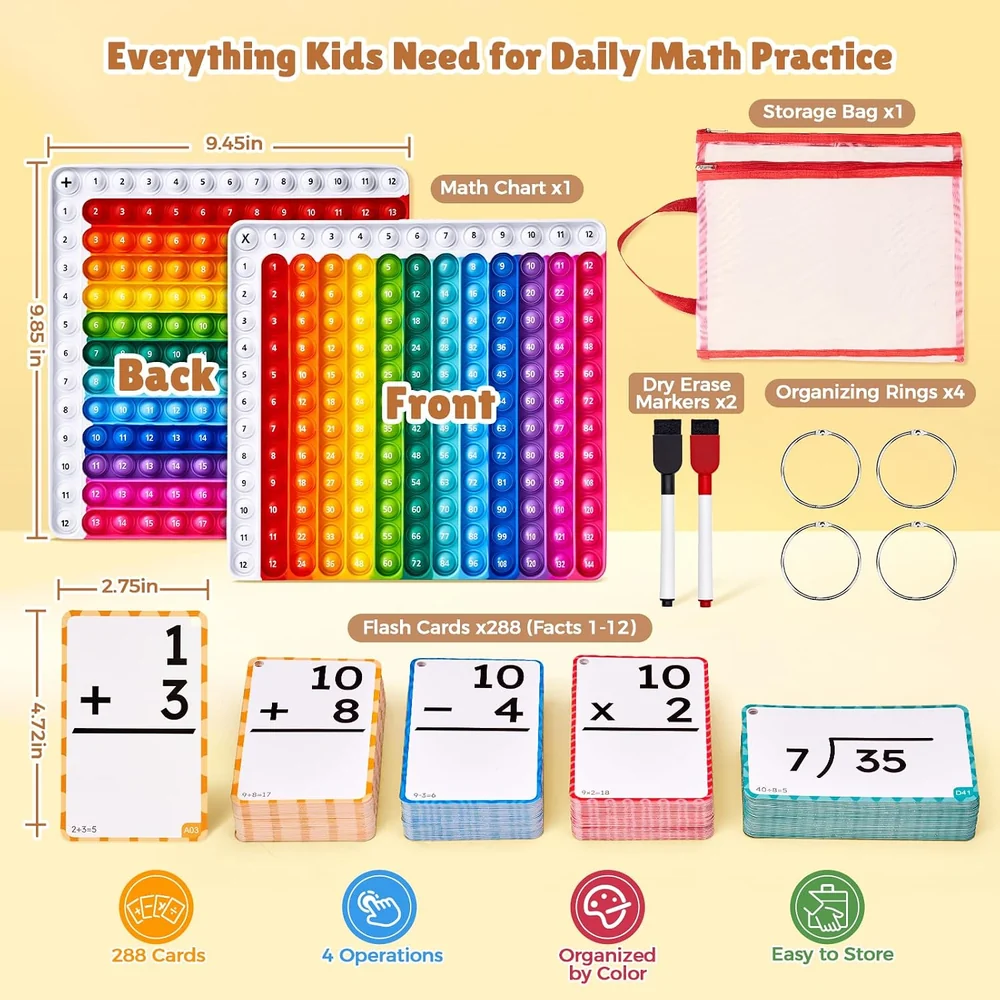 Kids Math Flash Cards Set – 288 Reusable Cards with Double-Sided Multiplication and Addition Board