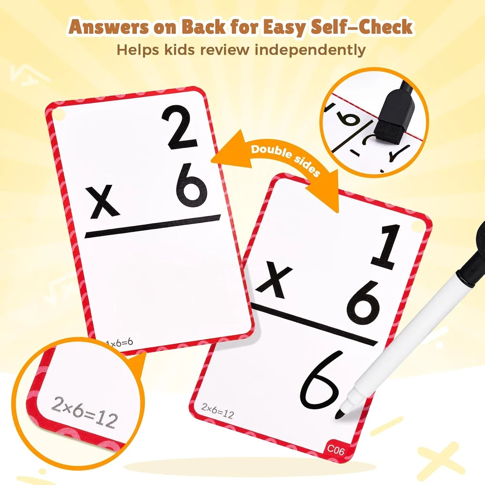 Kids Math Flash Cards Set – 288 Reusable Cards with Double-Sided Multiplication and Addition Board