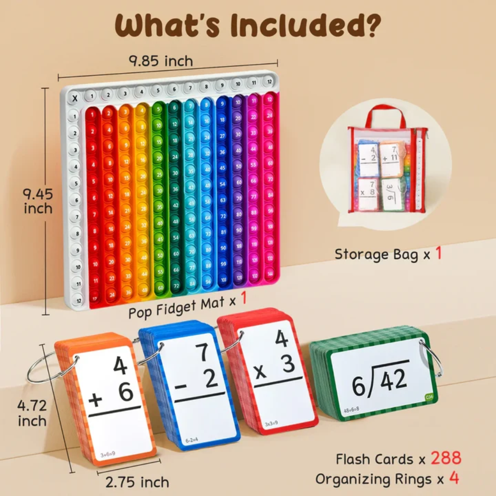 Kids Math Flash Cards and Pop Fidget Chart – 288 Reusable Cards for 4 Math Operations