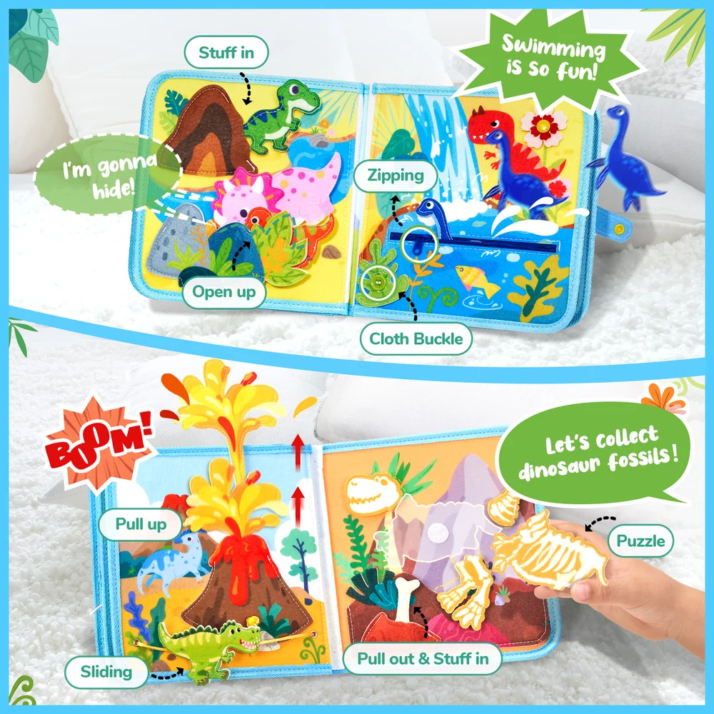 Kids Montessori Busy Book – 15-in-1 Felt Activity Book with Zippers, Buttons and Lacing