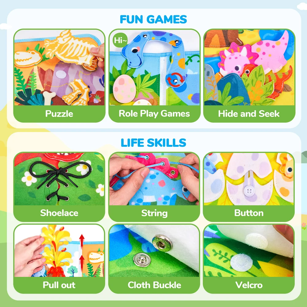 Kids Montessori Busy Book – 15-in-1 Felt Activity Book with Zippers, Buttons and Lacing