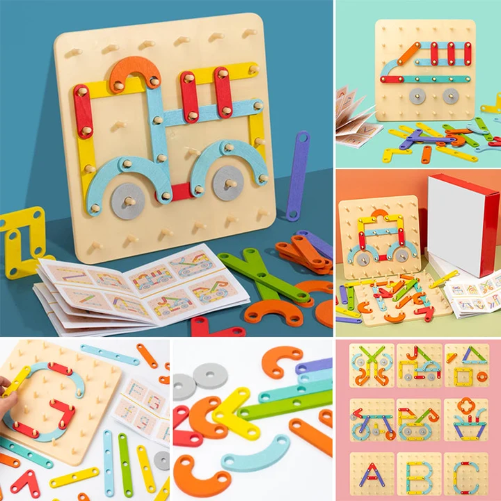 Kids Montessori Pegboard Puzzle – Wooden Shape Matching and Pattern Building Educational Toy