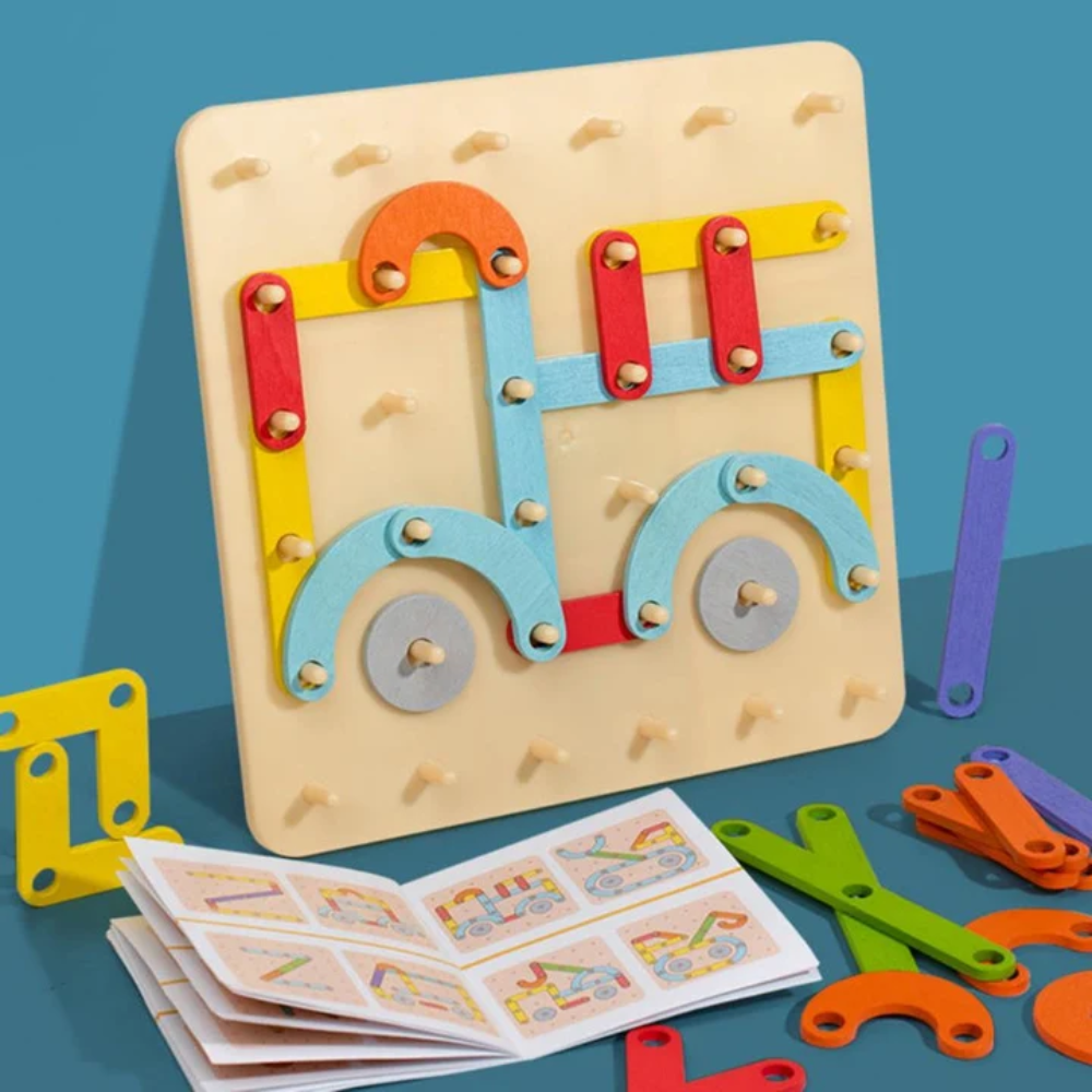 Kids Montessori Pegboard Puzzle – Wooden Shape Matching and Pattern Building Educational Toy