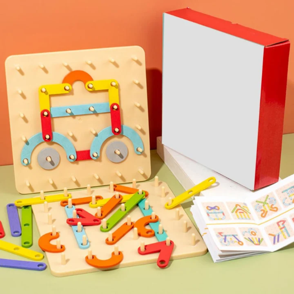 Kids Montessori Pegboard Puzzle – Wooden Shape Matching and Pattern Building Educational Toy