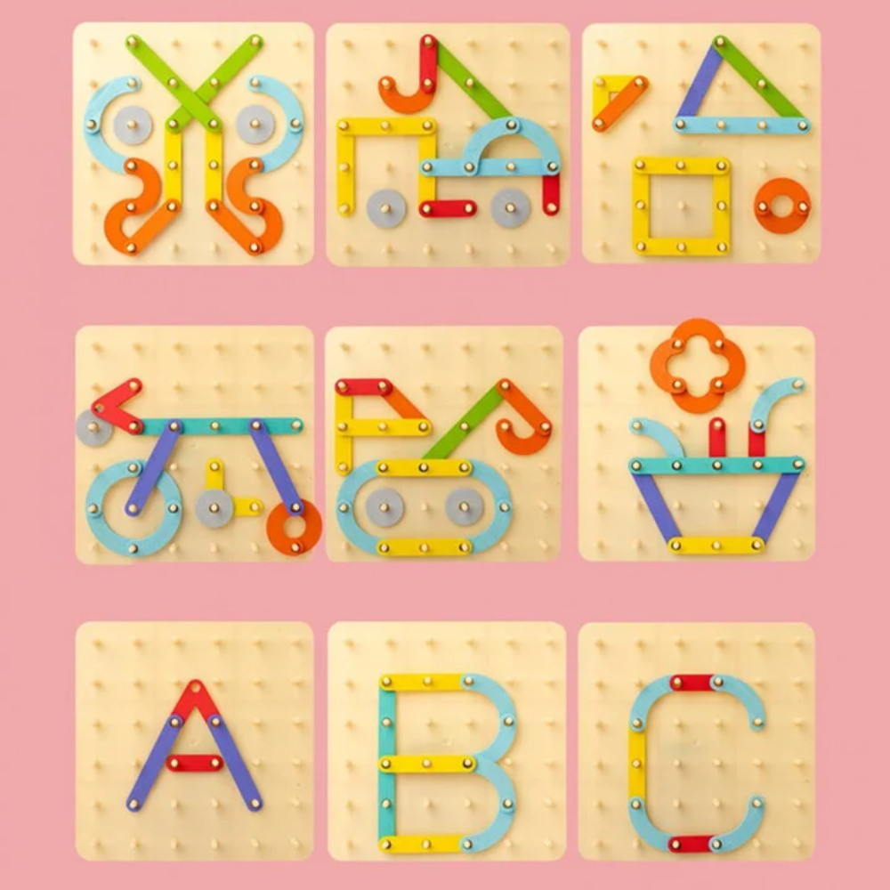 Kids Montessori Pegboard Puzzle – Wooden Shape Matching and Pattern Building Educational Toy