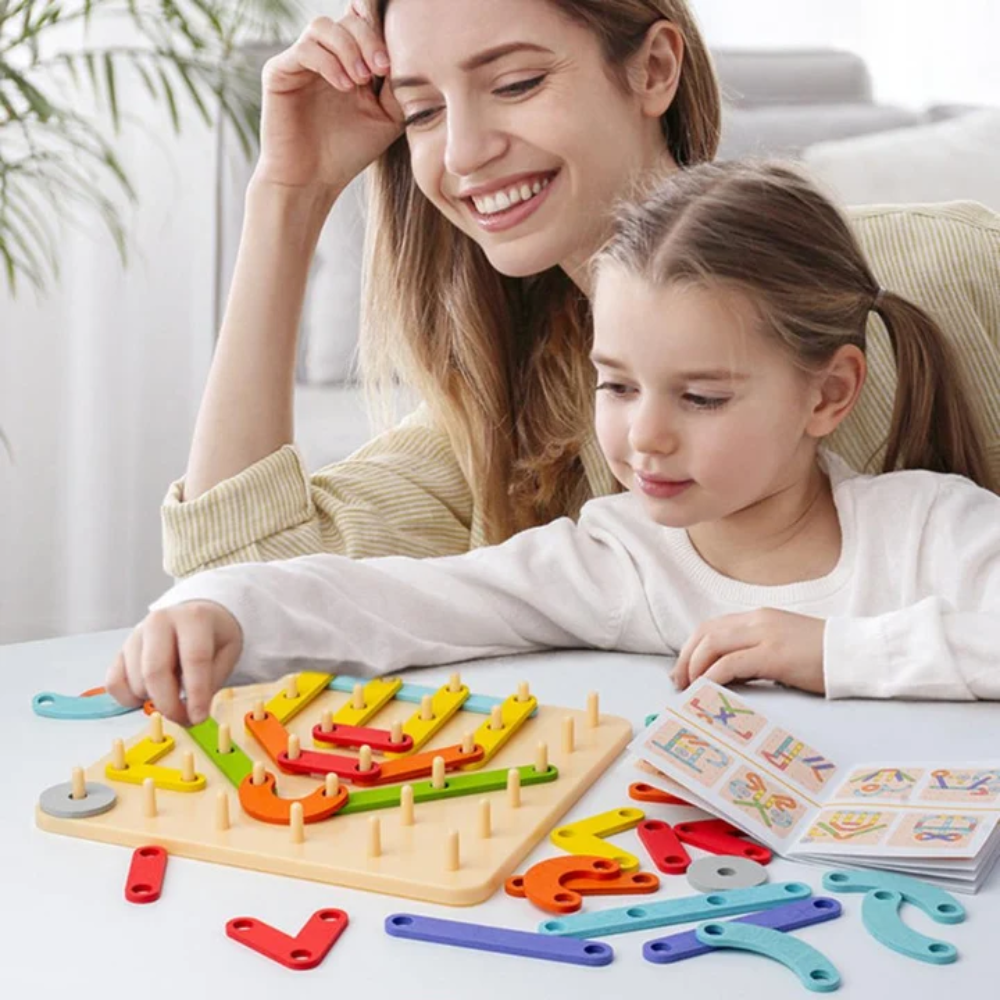 Kids Montessori Pegboard Puzzle – Wooden Shape Matching and Pattern Building Educational Toy