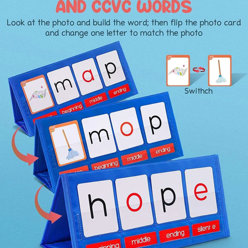Kids Phonics Blending Kit – Foldable Word Building Pocket Chart with Letter and Picture Cards