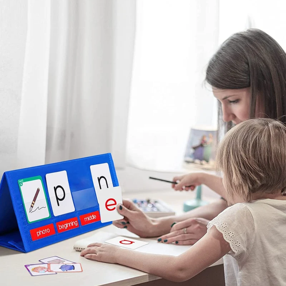 Kids Phonics Blending Kit – Foldable Word Building Pocket Chart with Letter and Picture Cards