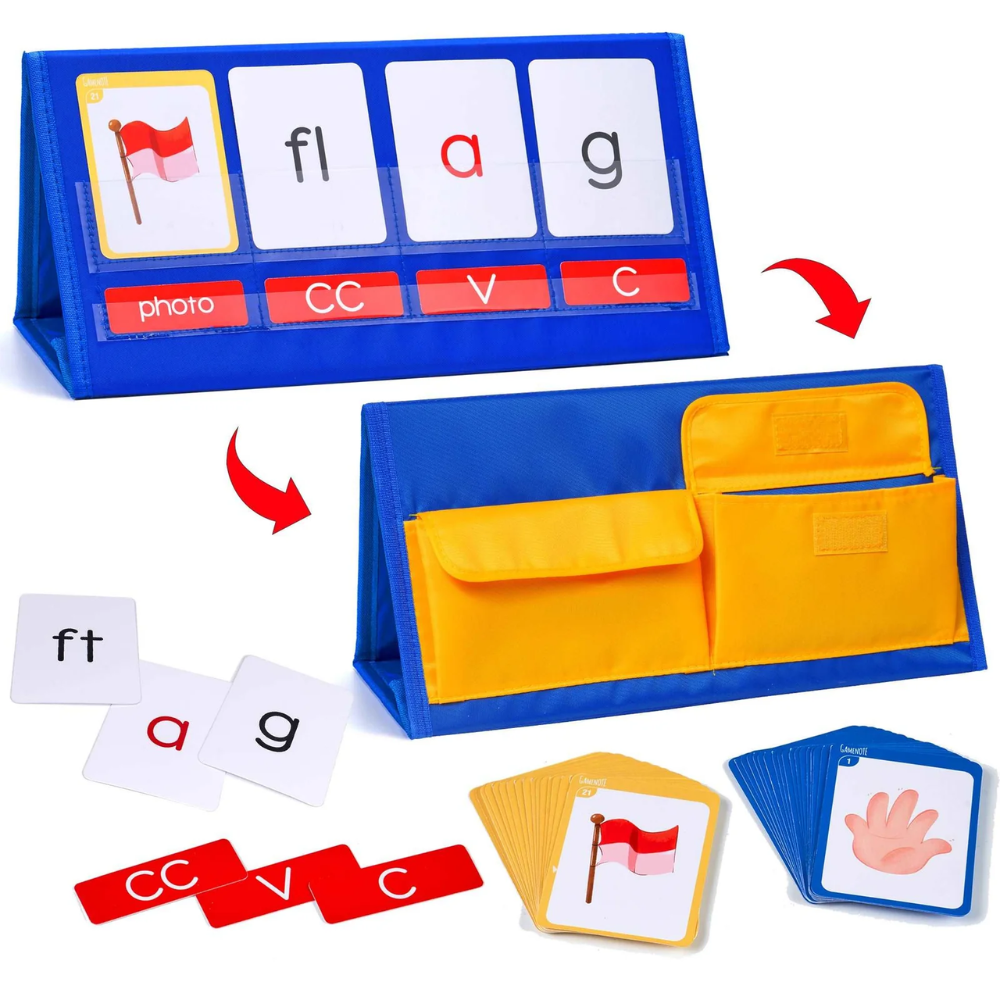 Kids Phonics Blending Kit – Foldable Word Building Pocket Chart with Letter and Picture Cards