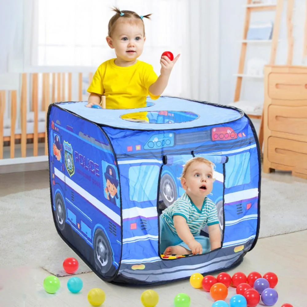 Kids Pop-Up Play Tent – Foldable Fire Truck & Bus Pretend Playhouse