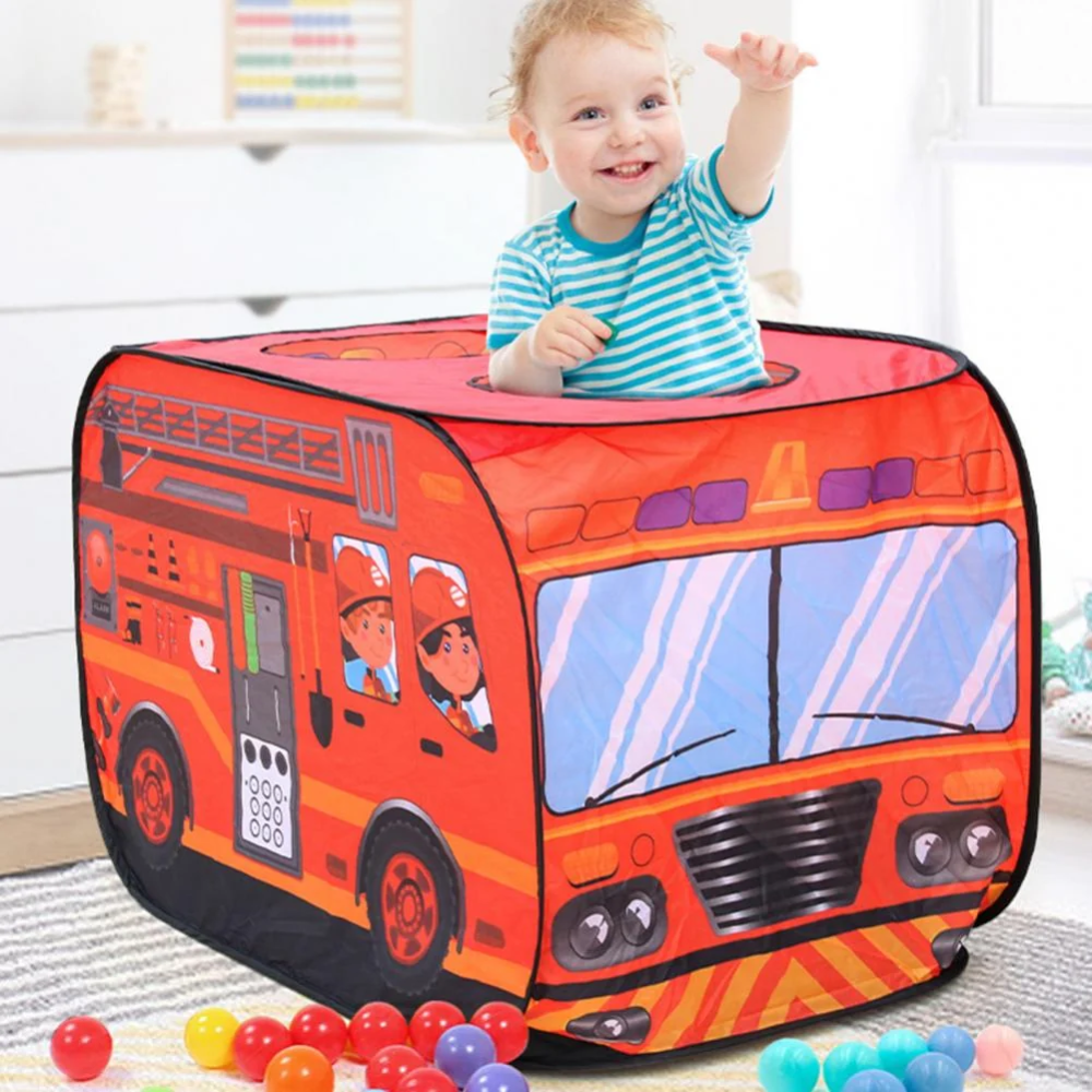 Kids Pop-Up Play Tent – Foldable Fire Truck & Bus Pretend Playhouse