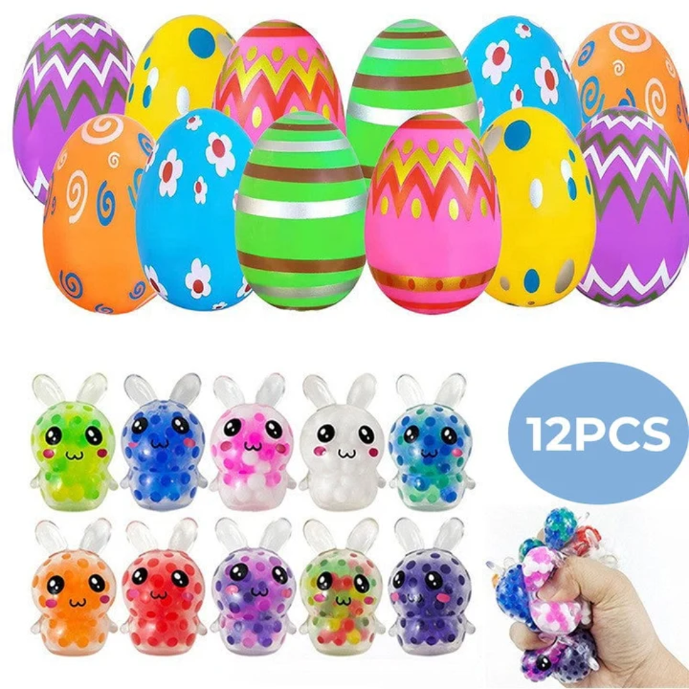 Kids Prefilled Easter Eggs – 24-Pack Colorful Easter Egg Hunt Set with Squeeze Toys
