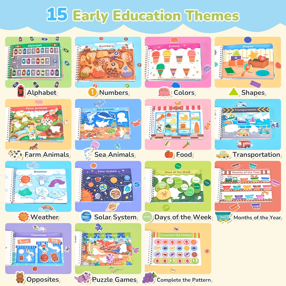 Kids Preschool Busy Book – Interactive Learning Activity Book with 15 Educational Themes