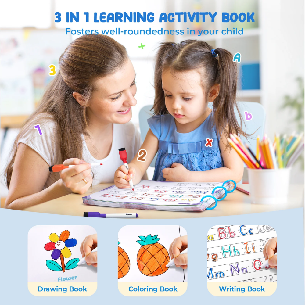 Kids Reusable Handwriting Practice Book – 48-Page Dry-Erase Letter, Number and Tracing Activity Set