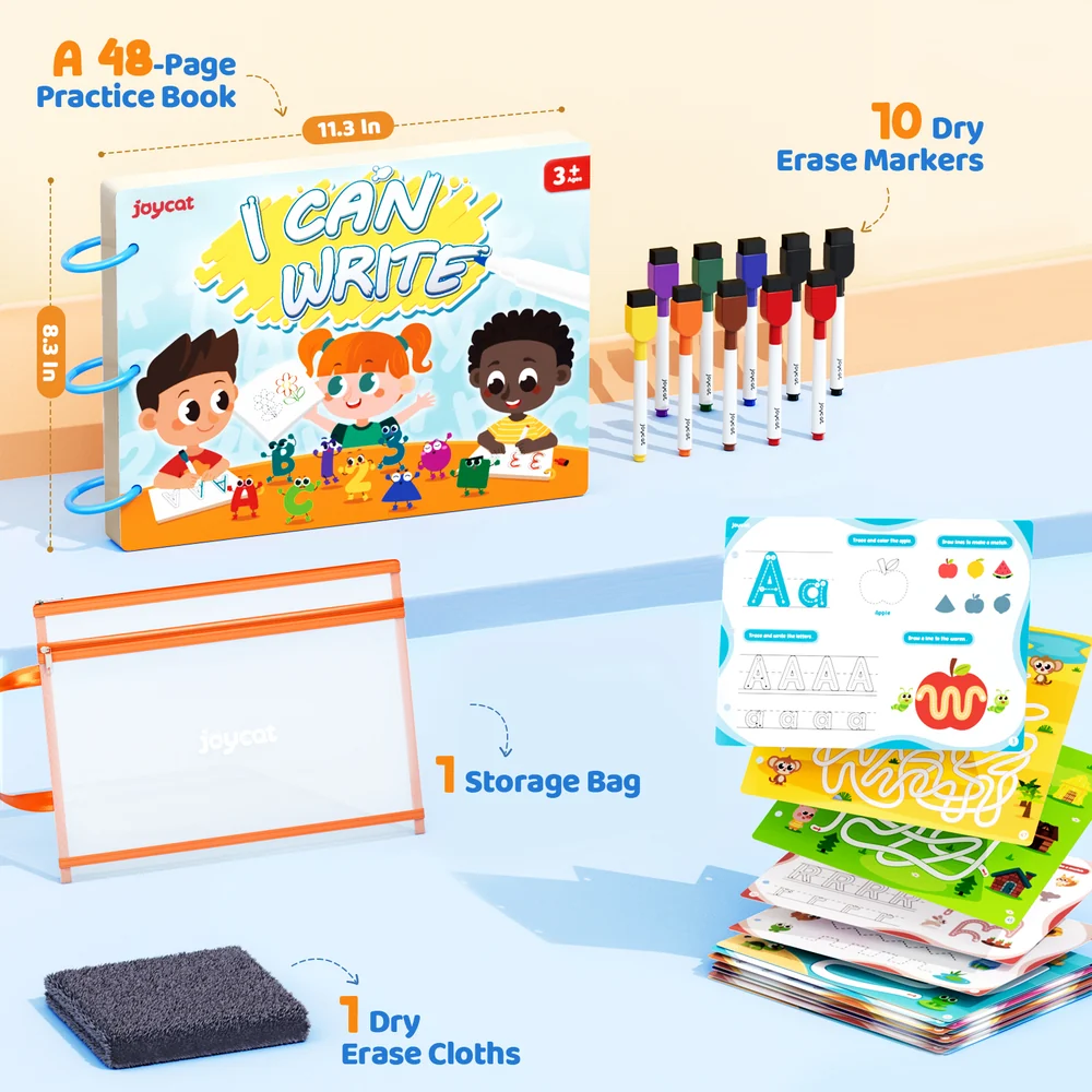 Kids Reusable Handwriting Practice Book – 48-Page Dry-Erase Letter, Number and Tracing Activity Set