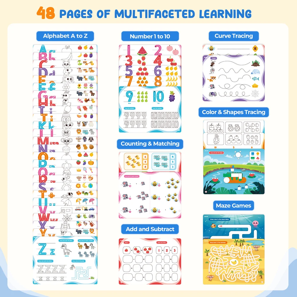 Kids Reusable Handwriting Practice Book – 48-Page Dry-Erase Letter, Number and Tracing Activity Set