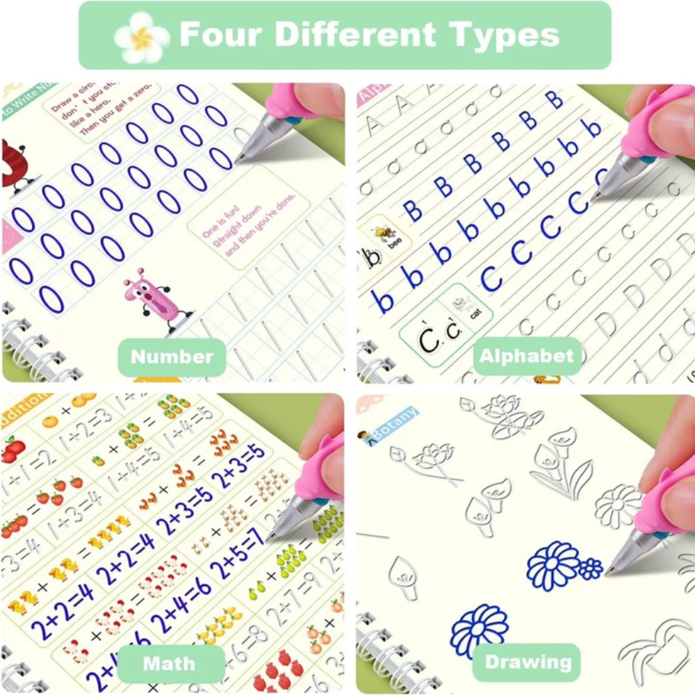 Kids Reusable Magic Practice Books – 4-Book Handwriting and Learning Set with Disappearing Ink Pen