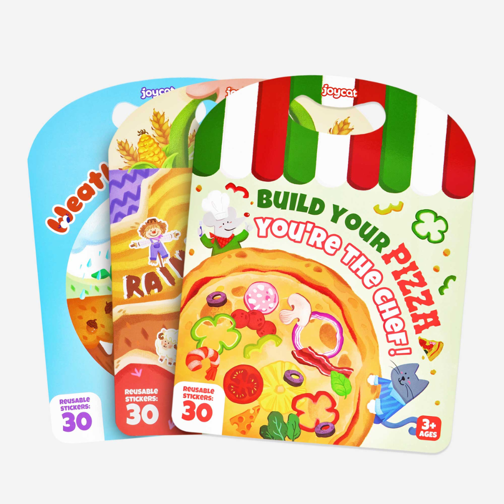 Kids Reusable Sticker Activity Books – 3-Pack Weather, Farm and Pizza Learning Set with 90 Stickers