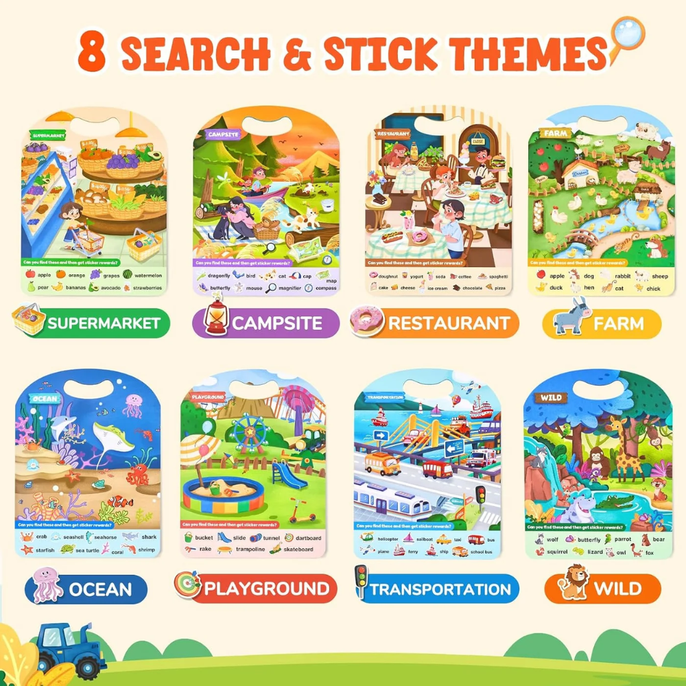 Kids Reusable Sticker Activity Books – 3-Pack Weather, Farm and Pizza Learning Set with 90 Stickers