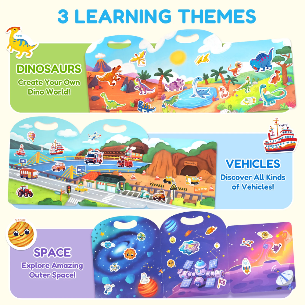 Kids Reusable Sticker Activity Books – 3-Pack Weather, Farm and Pizza Learning Set with 90 Stickers