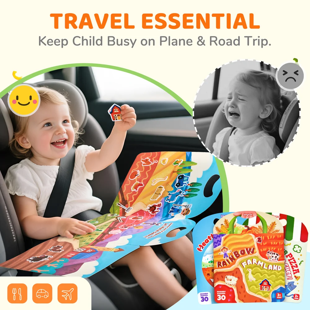 Kids Reusable Sticker Activity Books – 3-Pack Weather, Farm and Pizza Learning Set with 90 Stickers