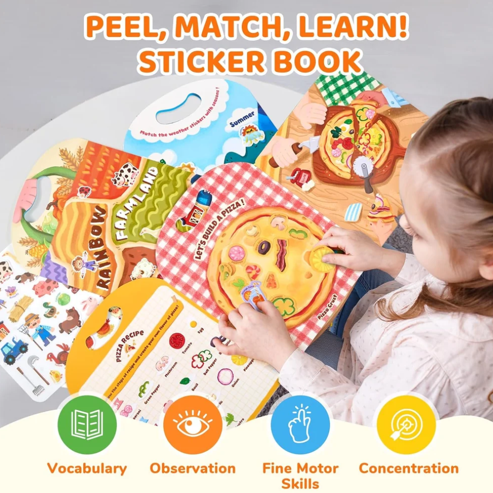 Kids Reusable Sticker Activity Books – 3-Pack Weather, Farm and Pizza Learning Set with 90 Stickers