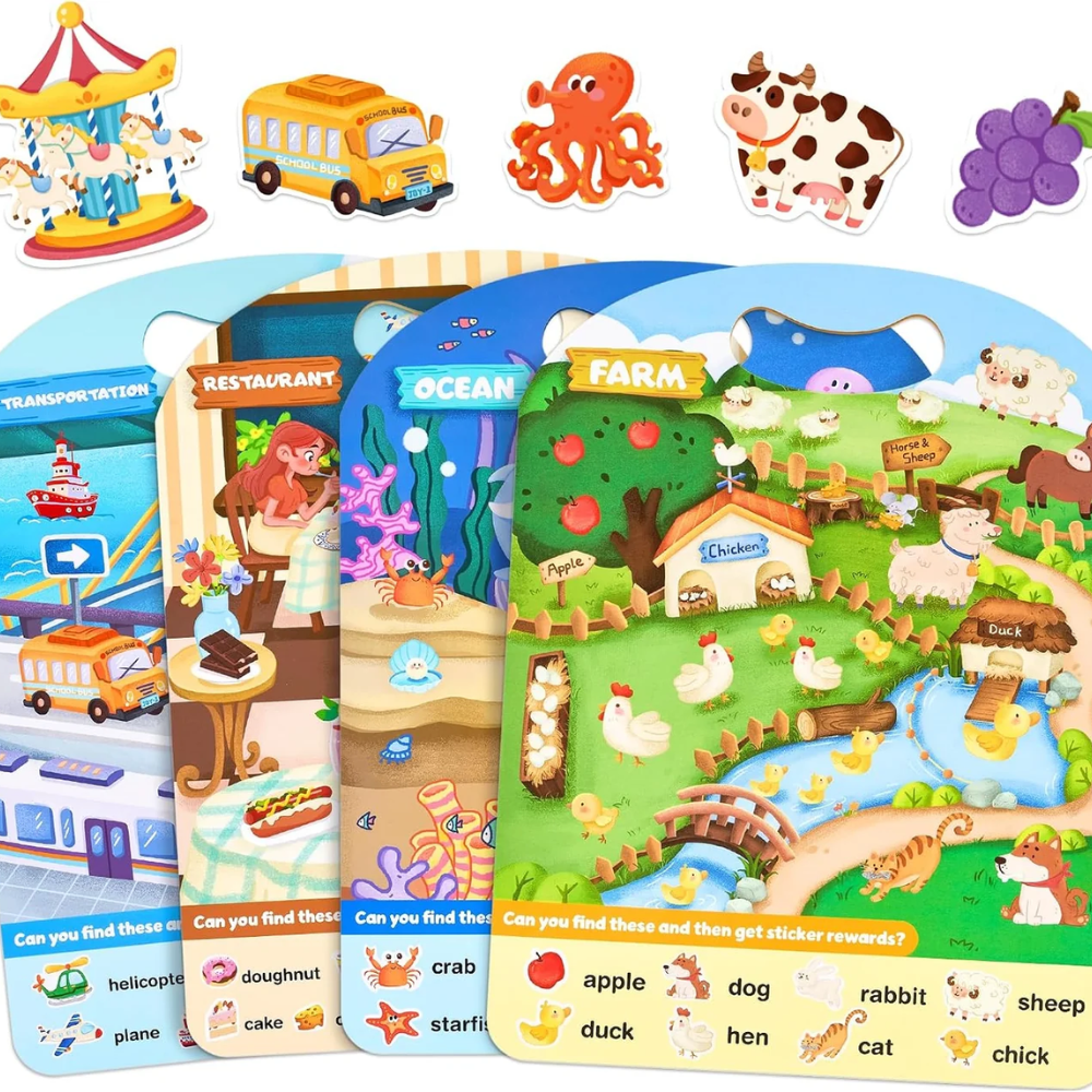 Kids Reusable Sticker Activity Books – 3-Pack Weather, Farm and Pizza Learning Set with 90 Stickers