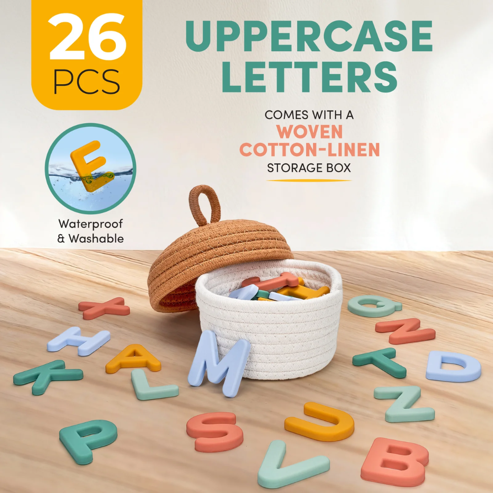 Kids Silicone Magnetic Alphabet Letters – 26-Piece Uppercase ABC Learning Set with Storage Basket