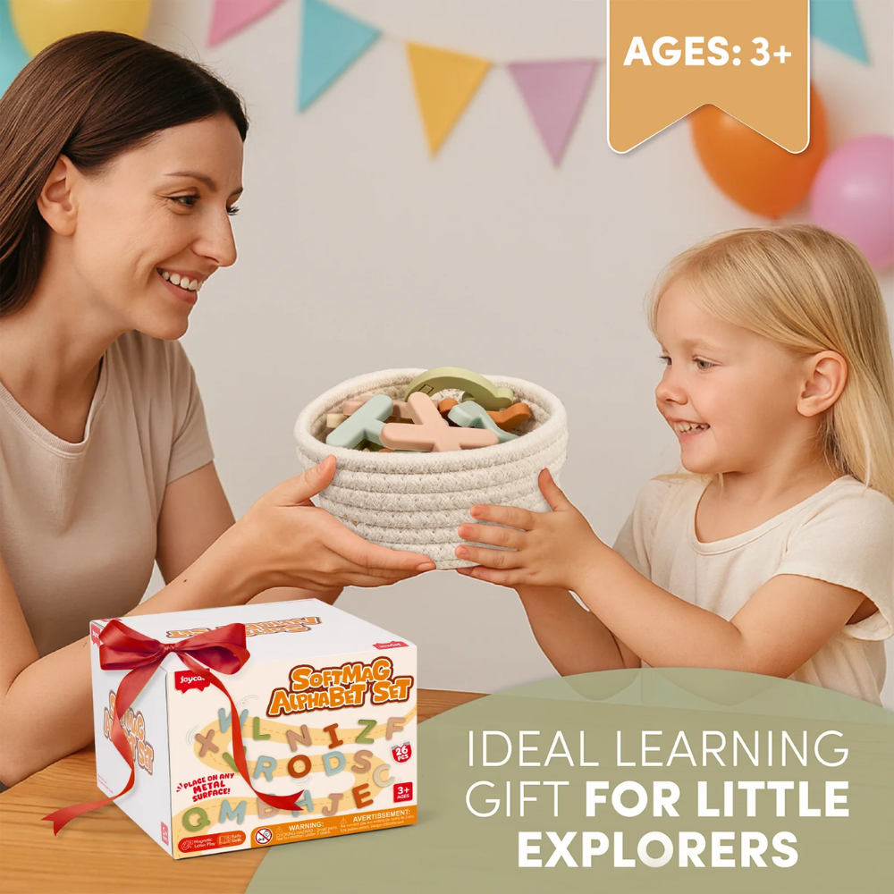 Kids Silicone Magnetic Alphabet Letters – 26-Piece Uppercase ABC Learning Set with Storage Basket