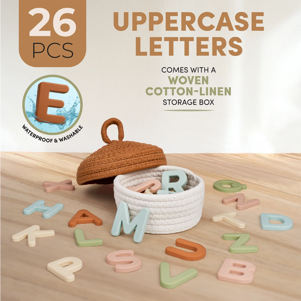 Kids Silicone Magnetic Alphabet Letters – 26-Piece Uppercase ABC Learning Set with Storage Basket