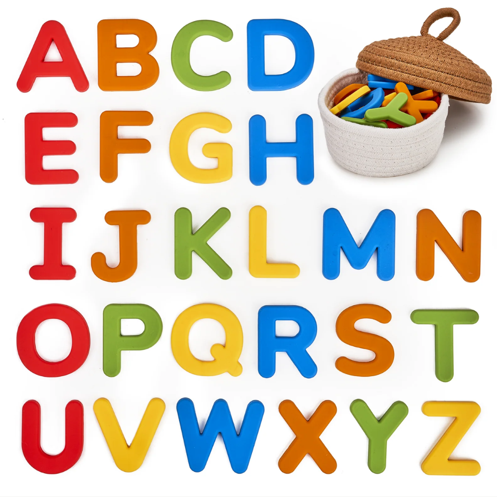 Kids Silicone Magnetic Alphabet Letters – 26-Piece Uppercase ABC Learning Set with Storage Basket