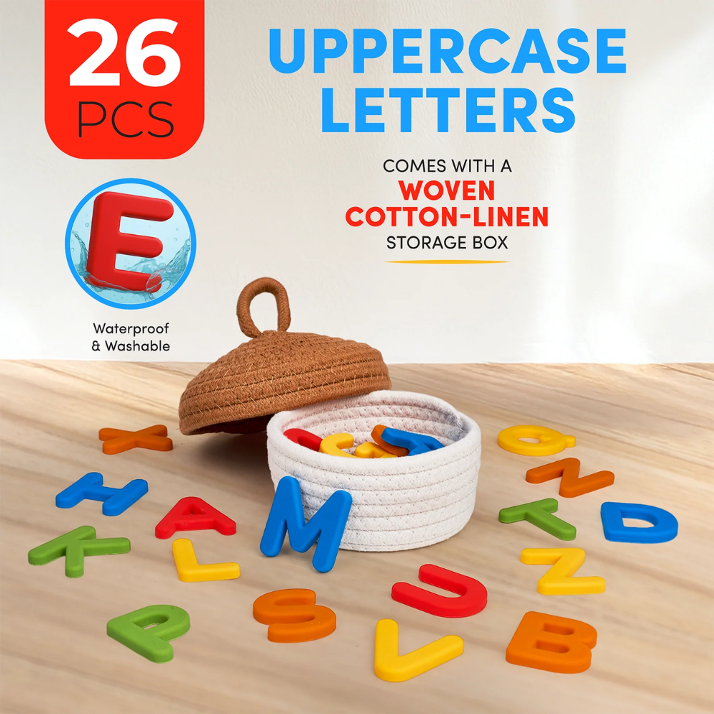 Kids Silicone Magnetic Alphabet Letters – 26-Piece Uppercase ABC Learning Set with Storage Basket