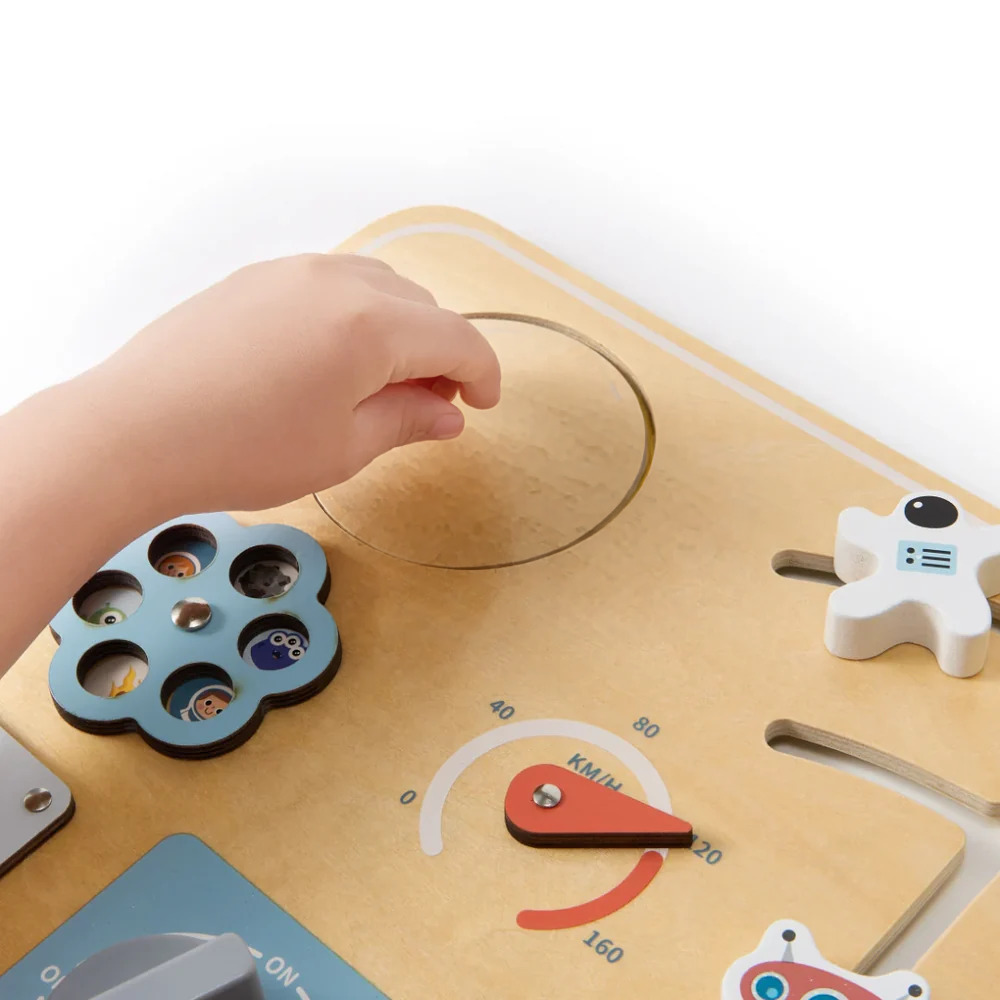 Kids Space Activity Board – Montessori-Inspired Sensory Busy Board with Gears, Switches and Sliders