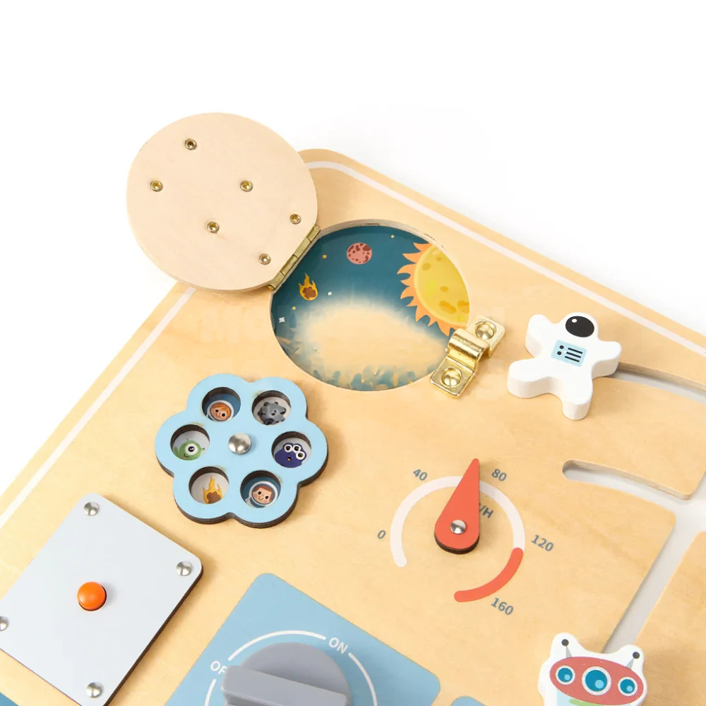 Kids Space Activity Board – Montessori-Inspired Sensory Busy Board with Gears, Switches and Sliders
