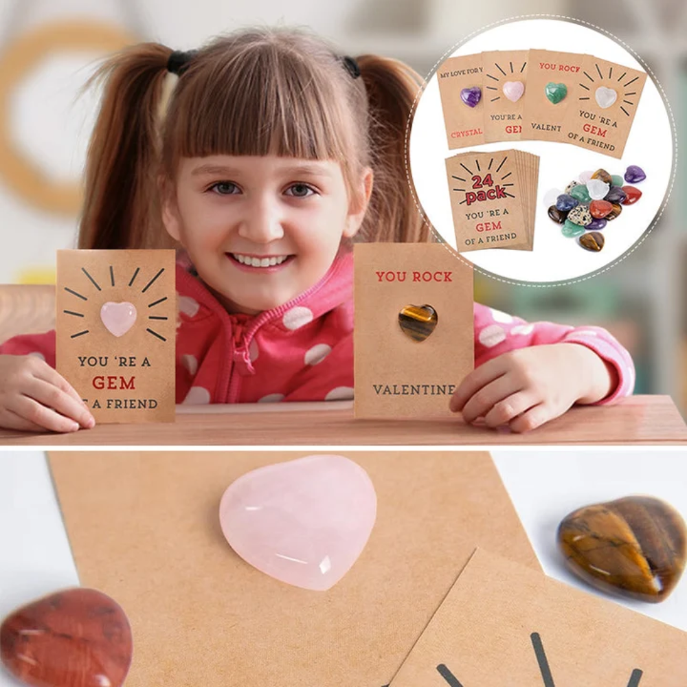 Kids Valentine's Day Cards with Heart Crystals – 24-Pack Classroom Exchange and Party Favor Set